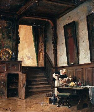  Oil on canvas painting by Vincent Stoltenberg Lerche, depicting a rustic interior with a woman seated at a table filled with fruit, near a staircase leading upward, capturing the use of warm lighting and earthen tones.