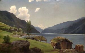 "Serene landscape by Johan Fredrik Eckersberg featuring a lush green hillside with grazing cows and wooden huts overlooking a calm body of water, with steep mountains rising in the background under a light blue sky with scattered clouds."
