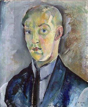  "Self-Portrait" by Bernt Julius Muus Clüver, an oil on canvas painting depicting the artist with abstract skin tones in blues, greens, and yellows, wearing a dark blue garment, against a muted background.