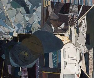  "The Suitor" by Kai Fjell, an oil painting on canvas featuring abstract geometric shapes in muted earth tones, deep blues, and grays, depicting a human figure clad in a dark cape or coat and hat, facing away within a patterned and confined space suggesting elements of a room.
