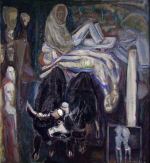  "The Transporter of Dead Bodies" by Kai Fjell, an oil painting on canvas portraying a dark, horned creature carrying a shrouded figure, surrounded by spectral forms against a tumultuous, dark-colored background.