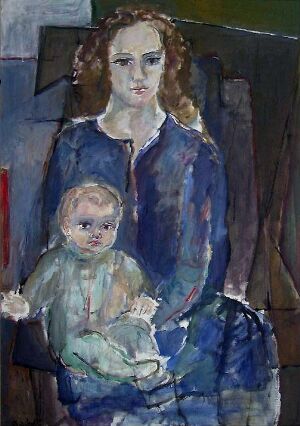  "Constanse and Daniela I" by Alexander Schultz, an impressionistic oil painting on canvas, featuring a woman in a dark blue garment holding a child dressed in soft green, set against an abstract, muted background.