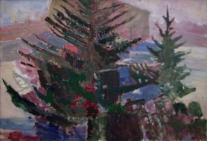  "Landscape" by Inggard Rosseland, an abstract oil painting on canvas, featuring dark green coniferous trees in the foreground with indistinct pink, white, and blue shapes suggesting buildings or rocks in the middle, set against a light blue, gray, and pale yellow sky, capturing a dreamy, expressionist landscape scene.