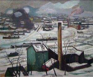  "Winter in Oslo" by Søren Steen-Johnsen, an oil on canvas painting featuring a snowy cityscape of Oslo with snow-covered rooftops of green and brown houses in the foreground, a frozen river with docked boats in the middle, and faded hills in the background under a cloudy winter sky.