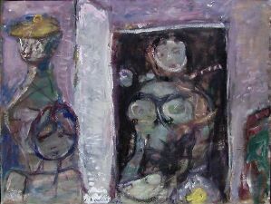  "The three Ages" by Gunnar Haukebø is an abstract, expressionistic oil painting on canvas, featuring muted tones and loose brushstrokes that hint at three indistinct figures, possibly representing different stages of life, set against a harmonious background of light purples, blues, and neutral colors.
