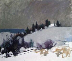 
 "Hillside in Sørum" by Erling Enger, an impressionistic oil painting on canvas featuring a snowy landscape with a muted grey sky, dark evergreen trees atop a hill, and hints of brown and purple vegetation poking through the white snow in the foreground.