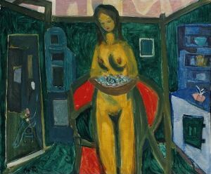  Oil painting "Woman in green Interior" by Kai Fjell featuring a stylized nude woman with golden-yellow skin holding a blue platter, standing in an interior with green hues, red chair, and furnished cupboards.