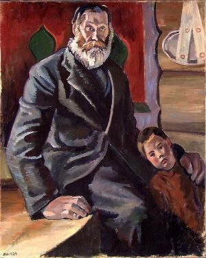  "Grandfather" by Dagfin Werenskiold, an oil painting depicting an elder man with a thick beard wearing a dark suit, sitting on a chair with a child leaning on him, set against a rustic reddish-brown and green patterned interior.