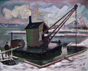  "The Mud Boat" by Søren Steen-Johnsen, an oil painting depicting a green cabin mud boat with a red crane on snowy embankment, a lone figure standing by, calm water with ice patches, and an industrial shore under an over