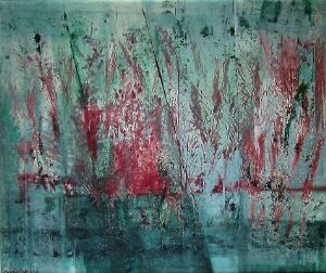  "Red Garden" by artist Gladys Raknerud, an abstract oil painting on canvas featuring textured layers of deep teal greens and blues with dynamic, abstract streaks of red, reminiscent of a vibrant garden.