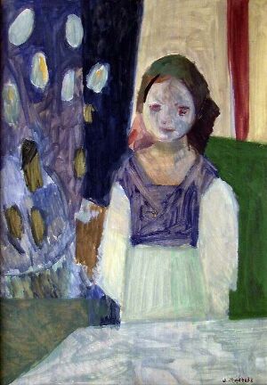  "Girl and Flowers" by Olav Mosebekk, an oil painting featuring a young girl with crossed arms and a contemplative expression, dressed in a purple top and a white skirt, sitting in front of a dark blue and white floral backdrop on one side and a deep red area on the other. The image carries an impressionistic style with visible brushstrokes and a pastel color palette.