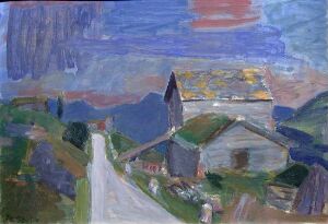  "Evening in Vågå," an oil on paperboard painting by Tor Refsum, depicting a serene rural landscape with a prominent white road leading to a village characterized by a church with a dark spire and surrounding houses with yellow-brown roofs under an evening sky of diverse shades of blue with touches of pink and purple.