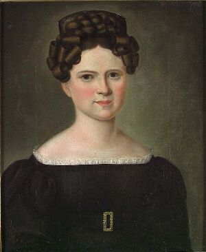  "Portrait of Mrs. Lovise D. Storm," an oil on canvas painting by Frederik Petersen, depicting a young woman with dark curly hair styled in an updo, wearing an off-shoulder dark dress with white lace around the neckline and a gold brooch, set against a muted background.