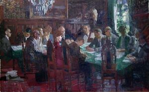  Oil painting "Group Portrait of the first Members of the Norwegian Cultural Council" by Håkon Stenstadvold depicting individuals sitting and standing around a large green table in a room with reddish-brown walls, engaged in a meeting with papers scattered on the table, rendered in dark hues with a warm, antique ambiance.