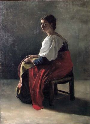  "Seated Woman" by Leis Schjelderup, a painting of a pensive woman sitting on a wooden chair. She wears a white blouse and a skirt with green and yellow tones, with a red cloth draped over the chair and the floor. The background is a simple gray, highlighting the figure's contemplative mood.