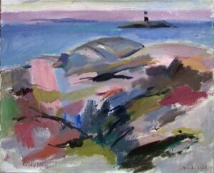 "Scerries" by Christoffer Stixrud, an abstract oil painting on canvas featuring gestural brushstrokes. The foreground shows textured rocks in grays, blues, pinks, and blacks, with hints of green and dark blue vegetation. The midground has a serene blue sea that extends into the lighter blue sky, and a dark lighthouse or beacon structure stands on a distant islet.