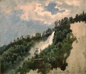  An oil painting on paper mounted on wood fiberboard by Hans Gude displaying a partially completed landscape. To the left, dense dark green trees and a white waterfall cascading down a cliff in the center, with an unfinished right side showing the bare paper. Above, a sky with soft clouds in whites, light blues, and hints of pale pink.