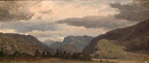  "From Nes in Hallingdal" by Hans Gude, an oil painting on paper mounted on wood fiber board depicting a serene valley surrounded by majestic mountains under a dynamic, cloud-filled sky with hints of blue, rendered in a palette of muted greens, browns, grays, and creams that evoke the wild beauty of Norwegian nature.