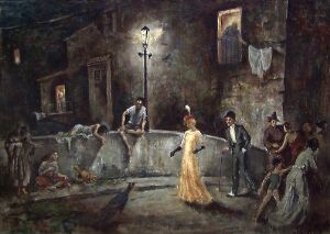  "On the Bridge" by Chrix Dahl, a painting on canvas depicting a nocturnal scene with a woman in a golden dress illuminated by a street lamp on an old stone bridge, surrounded by figures in muted attire and dark, rustic buildings in the background.