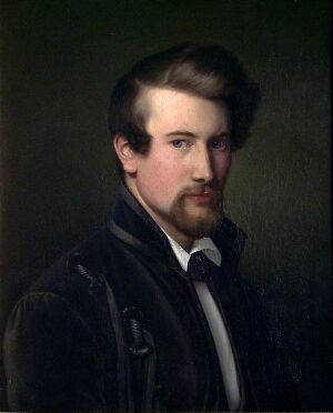  "Self-Portrait" by Adolph Tidemand, an oil on canvas affixed to a fiberboard, showing the artist from chest up with a fair complexion, dark hair styled with a side part, a slight mustache, wearing a dark formal jacket, and a black cravat, against a dark background.