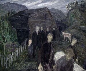  "A Burial" by Harald Kihle, an oil painting on canvas depicting a muted, somber scene of a group of people dressed in black mourning clothes gathered for a burial near a rustic wooden building. The atmosphere is heavy with dark colors and expressive brushwork, and a patchy white and brown cow stands to the side.