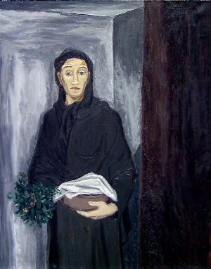  A painting titled "The Visitor" by Harald Kihle depicting a woman in a black cloak standing at an entrance, holding a green wreath and a folded white cloth, set against a background of gray walls and a dark doorway.