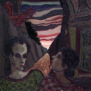  "Daggry" by Erik Harry Johannessen is a fine art painting showing two figures in dark, expressive strokes against a backdrop of a twilight sky with vivid shades of peach, pink, crimson, and violet. The figures are depicted in an intimate setting, suggesting a moment of deep reflection or connection as the early morning light begins to infiltrate the dark interior.