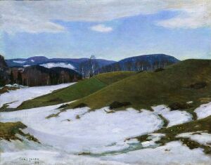  "Vårløsning" by Lars Jorde, an oil on canvas painting of a landscape undergoing the spring thaw with patches of snow amidst emerging green fields, rolling hills, distant mountains, and a clear blue sky.