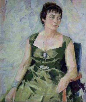  "Portrett av Reidun" by Harald Dal, an oil painting on canvas featuring a seated woman in an emerald green dress, with shoulder-length brown hair, a subtle smile, and an abstract blue and white background.