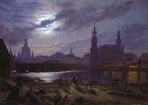  "Dresden i måneskinn" by Knud Baade, a nocturne oil painting on canvas depicting the city of Dresden under moonlight with historical buildings outlined against a dark blue sky, the moon partially hidden by clouds and its light reflecting gracefully on the river surface.