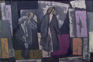  Abstract painting titled "Tema par" by Ragnhild Langmyr, featuring two stylized figures in a fragmented, urban-inspired backdrop, dominated by dark shades of black, gray, and deep purples, with accents of ochre and slate blue.