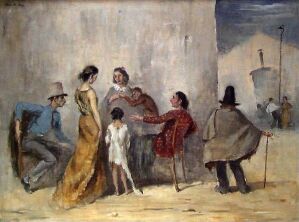  "Gjøglerfamilie" by Chrix Dahl, oil on canvas, depicts a family of entertainers in muted, earthy tones against a pale backdrop, suggesting a street performance. Central figures are in mid-interaction, while background figures observe or ignore the scene.