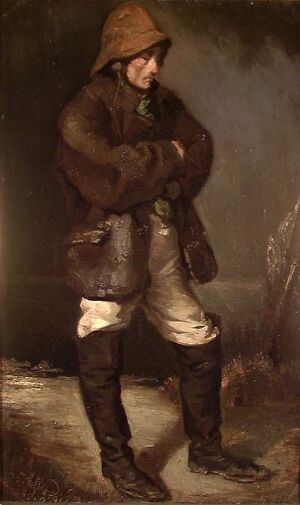  "En fisker," an oil on paper mounted on canvas painting by Henrik August Helland, depicting a contemplative fisherman in weathered brown coat and cream trousers, standing with hands tucked for warmth, against a muted, dark brown background.