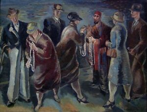  "Perleselgeren" by Johan Lie-Gjemre, an oil on canvas painting, portrays a group of men in early 20th-century attire engaged with a central figure displaying strands of pearls. The color palette is rich with browns, blues, and grays, and the style emphasizes emotion and movement over detailed realism.