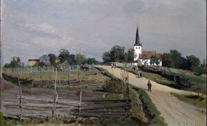  "Norderhov kirke og prestegård," a painting with an unknown artist, featuring a serene image of a white church with a black steeple to the right and a house with a red roof concealed by trees to the left. Wooden fences crisscross the lush green landscape, under a soft grey-blue sky, with several figures populating the rural setting.