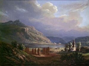  An oil on canvas landscape painting by Knud Geelmuyden Bull, depicting a tranquil natural scene with barren fields in the foreground, a reflective body of water in the middle ground, rising mountains in the background, and a dynamic sky filled with sunlight-kissed clouds. A solitary church spire contrasts against the wilderness-imbued setting.