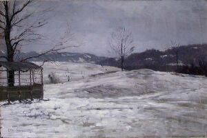  "Vinterlandskap" by Ludvig Skramstad is an oil painting on canvas portraying a serene, snow-covered landscape with a wooden gazebo on the left, leafless trees dotting the area, and gray overcast skies above gentle snowy hills.