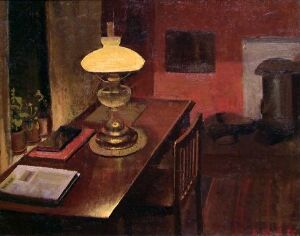  "Interior with Lamp" by Agnes Steineger is an oil painting that features a softly lit interior scene with a glowing oil lamp on a wooden table, accompanied by an open book and a hint of a potted plant, set against a backdrop of warm, dark hues which suggest a cozy atmosphere.