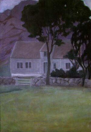  "Evening" by Alfred Hauge, an oil on canvas painting showing a tranquil two-story house in a gentle twilight setting, flanked by trees against a muted purple and blue sky.