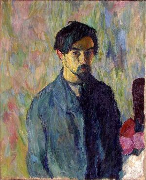  "Selv Portrait" by Sigurd Eriksen, an oil on canvas self-portrait featuring the artist with dark eyes and hair, wearing a dark greenish-blue shirt, set against a softly textured background of intermingling pastel hues.