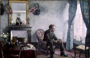  "Interior in Paris" by Gustav Wentzel is an oil painting on canvas showcasing a contemplative man seated in a finely decorated Parisian living room with soft grey walls, a large sunlit window draped with curtains, and various personal items on the mantlepiece reflecting a touch of historical opulence.