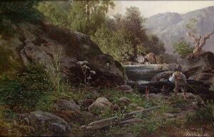  "Young Fisherman at the Riverside" by Philip Barlag, an oil painting on canvas. The image shows a tranquil natural scene with a river flowing over rocks, surrounded by lush green foliage. A young fisherman is focused on his task to the right, blending with the serene landscape under a soft, luminous sky.