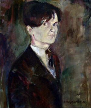  Oil on canvas portrait painting by Olav Mosebekk featuring a young man with introspective gaze, against a dark, shadowed background. The colors are muted with subtle flesh tones and dark attire, showcasing expressive brushwork and somber mood.