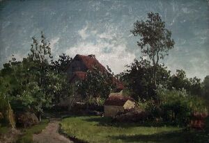  Painting "Bondegård i kveldslys" by Sophus Jacobsen, showcasing an idyllic farmstead with a thatched-roof house amidst green vegetation at dusk, with a dirt path leading up to it and a soft-colored sky indicating the transition from day to night.