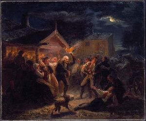  "Tvekamp i et bondebryllup" by Adolph Tidemand is a painting depicting a night scene of a wrestling match at a peasant wedding. Two men are grappling in the center, surrounded by onlookers, with a bonfire and a farmhouse in the background, all illuminated by warm, golden light against a deep night sky with a crescent moon.