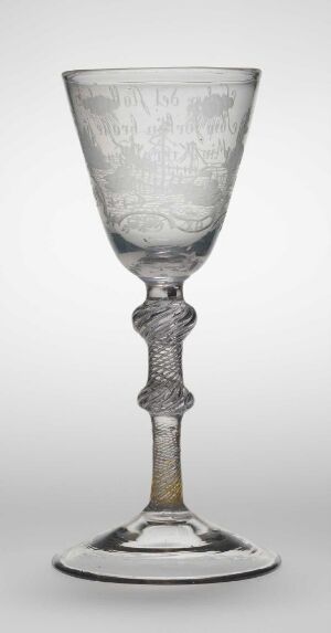  An image of a translucent drinking glass titled "Desert med Perler og Slanger" made by Nøstetangen glassverk, featuring a frosted appearance with an engraved pearled pattern at the top and a twisted serpent-like design on the stem, set against a neutral gray background.