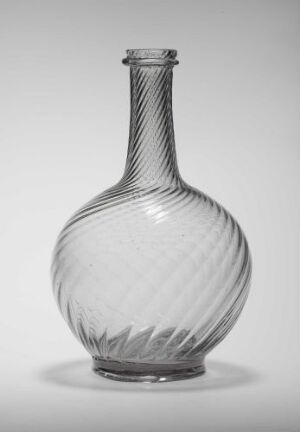  A clear glass bottle with a bulbous body featuring a diamond pattern at the bottom and vertical ribbed lines towards the slender neck, against a light grey background. Artistname and title are unknown.