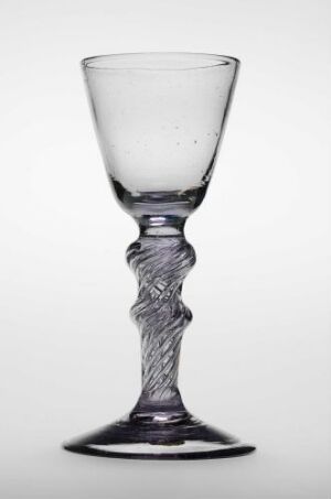 
 A clear glass goblet with a twisted stem design on a pale background. The glass is transparent, with a slight blue-gray tint, and the goblet features a plain bowl, an intricately twisted stem, and a stable base.