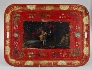  An antique, ornate tray with a vibrant red background and gold decorative elements, featuring a central darkened panel depicting figures in a nocturnal scene.