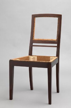  A simple, dark brown wooden chair with a square seat and a rectangular, open backrest against a light gray background.